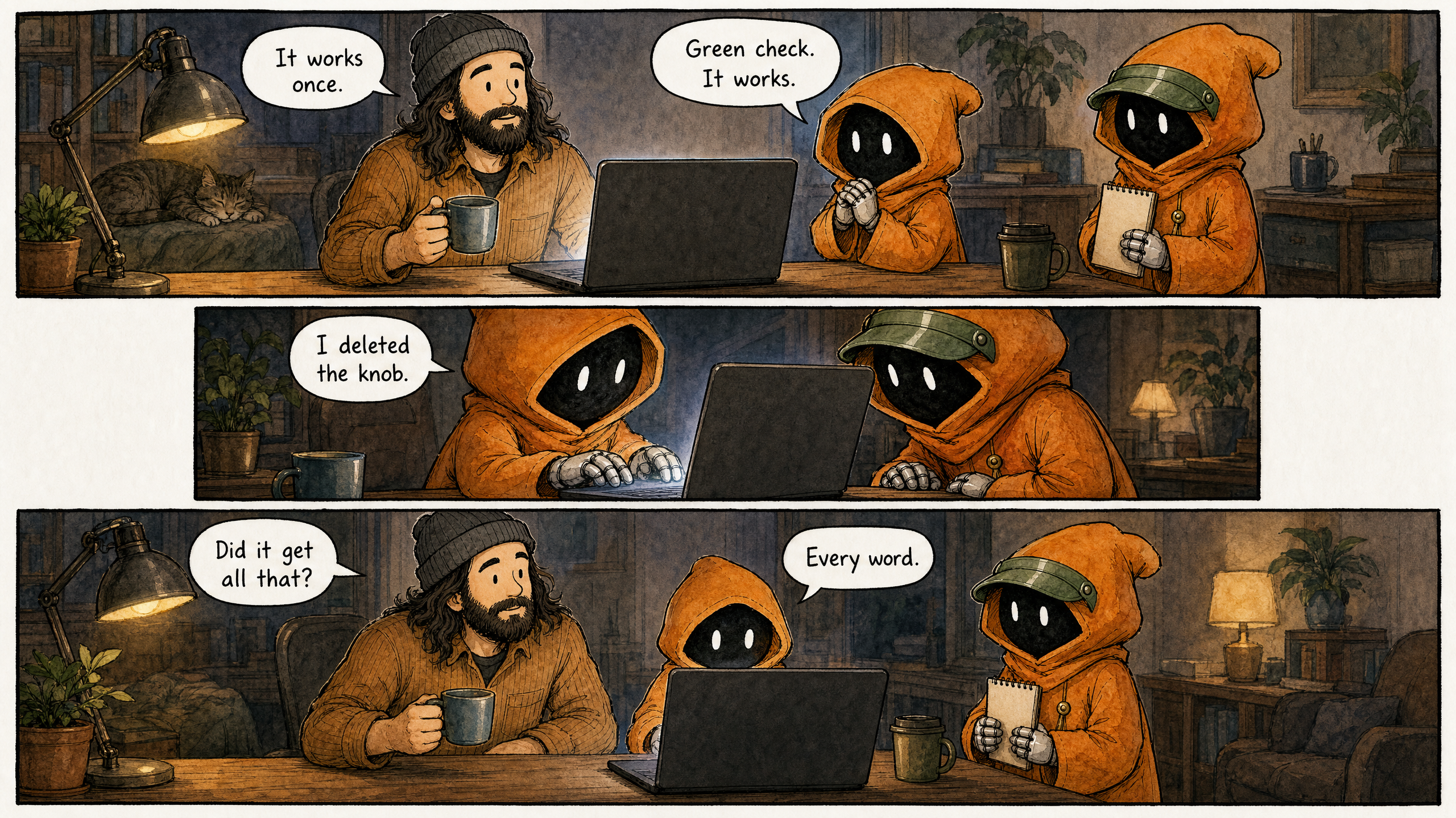 Watercolor and ink comic. Three panels with varied composition AND camera framings. The characters from the reference images — the bearded man in the beanie, the small orange-hooded companion, and the orange-hooded stenographer with the green court-reporter visor and steno pad — at a small home office. Lived-in but uncluttered backgrounds — warm props (lamps, mugs, plants, books, a sleeping cat) welcome, but no text, signs, labels, posters, or readable writing anywhere outside speech bubbles. Panel 1 (wide opener): Marcus and Claude at the desk, late evening lamp light, the laptop between them with its plain dark lid toward the viewer — nothing drawn, glowing, or marked on the back of the machine; the screen faces the characters only, its soft glow on their faces telling the result. Marcus has a mug raised slightly; Claude looks pleased. The stenographer stands at the desk edge cradling its steno pad, quietly proud. Claude says: "Green check. It works." Marcus says: "It works once." Panel 2 (medium close-up, over-the-shoulder): Claude at the keyboard, focused, mid-edit. The stenographer leans in beside the screen, watching its own insides being repaired. Claude says: "I deleted the knob." Panel 3 (wide closer): All three settled in lamp light, the laptop's plain dark lid toward the viewer again — no marks or glow on the back of the machine, the calm screen facing only the characters. The stenographer back at its post, pad cradled, content. Marcus says: "Did it get all that?" Claude says: "Every word." Screens face their in-scene readers — the viewer never sees screen content in this comic; the machine's outer lid is always plain. Render each speech bubble with its exact line above — every bubble filled, none left empty. Keep it warm and wry — the quiet pride of fixing something before anyone else noticed it was broken. Vary panel sizes — 1 and 3 wider than 2.