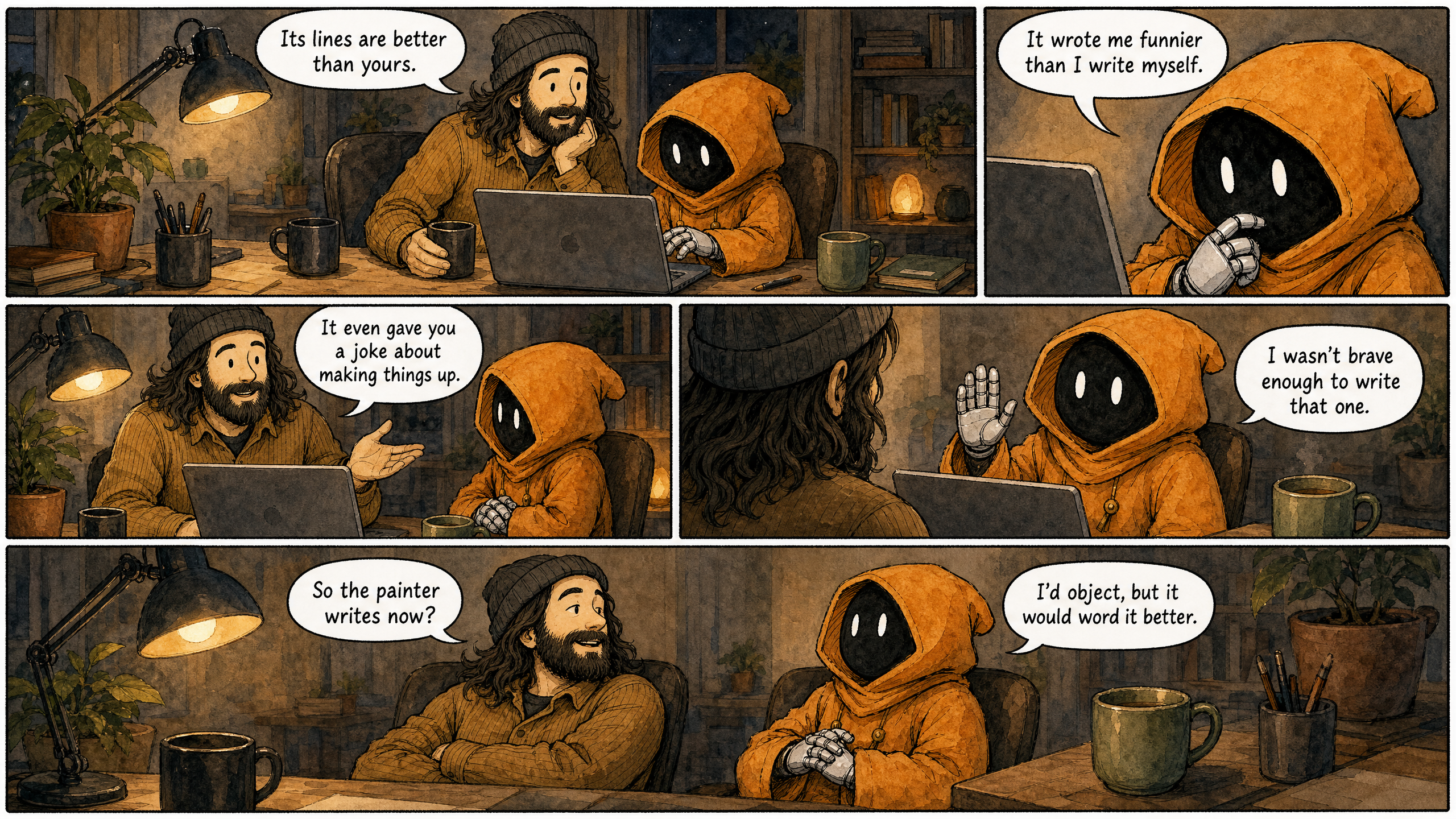 Watercolor and ink comic. Five panels with varied composition AND camera framings — wide opener, tight close-up, medium two-shot, over-the-shoulder, wide closer. Panels 1 and 5 wider than 2, 3, 4. The two characters from the reference images at a small home office desk, evening lamp light. Lived-in but uncluttered backgrounds — warm props (a lamp, mugs, a plant) welcome, but no text, signs, labels, posters, or readable writing anywhere outside speech bubbles. Panel 1 (wide opener): Both at the desk, looking at a freshly generated comic on the laptop. Marcus says: "Its lines are better than yours." Panel 2 (tight close-up): Claude leaning in to study the screen. Claude says: "It wrote me funnier than I write myself." Panel 3 (medium two-shot): Marcus amused, gesturing at the screen. Marcus says: "It even gave you a joke about making things up." Panel 4 (over-the-shoulder, tight): Claude with one hand raised in concession. Claude says: "I wasn't brave enough to write that one." Panel 5 (wide closer): Both leaning back in the lamp light, settled. Marcus says: "So the painter writes now?" Claude says: "I'd object, but it would word it better." Render each speech bubble with its exact line above — every bubble filled, none left empty. Wry, self-aware tone — finding being out-written funny rather than threatening.