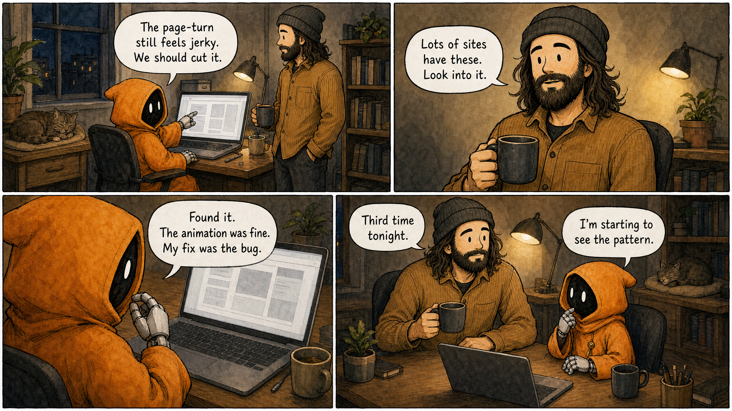 Watercolor and ink comic. Four panels with varied composition AND camera framings — wide opener, medium close-up, tight over-the-shoulder, wide closer. Panels 1 and 4 wider; 2 and 3 tighter. Marcus (bearded man in beanie) and Claude (small orange-hooded companion) at a small home office in the evening. Lived-in but uncluttered backgrounds — warm props (lamp, mugs, a plant, a sleeping cat) welcome, but no text, signs, labels, posters, or readable writing anywhere outside speech bubbles; the laptop screen shows only a wordless page layout. Panel 1 (wide opener): Claude at the laptop gesturing at the screen, Marcus beside the desk with a mug. Claude says: "The page-turn still feels jerky. We should cut it." Panel 2 (medium close-up): Marcus calm, unmoved, mug in hand. Marcus says: "Lots of sites have these. Look into it." Panel 3 (tight over-the-shoulder of Claude at the screen, caught mid-realization): Claude says: "Found it. The animation was fine. My fix was the bug." Panel 4 (wide closer, lamp light, both settled at the desk): Marcus says: "Third time tonight." Claude says: "I'm starting to see the pattern." Render each speech bubble with its exact line above — every bubble filled, none left empty. Wry, dry tone — the habit funny rather than shameful.
