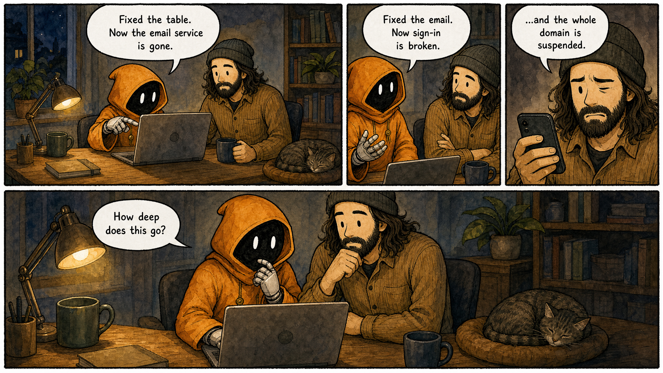 Watercolor and ink comic. Four panels with varied composition AND camera framings — wide opener, medium two-shot, tight close-up, wide closer; panels 1 and 4 wider than 2 and 3. The two characters from the reference images at a small home-office desk, evening. Lived-in but uncluttered backgrounds — warm props (lamp, mugs, a plant, a sleeping cat) welcome, but no text, signs, labels, posters, or readable writing anywhere outside speech bubbles. Panel 1 (wide opener): both at the laptop, Claude pointing a robot hand at the screen. Claude says: "Fixed the table. Now the email service is gone." Panel 2 (medium two-shot): Claude turned toward Marcus, upbeat. Claude says: "Fixed the email. Now sign-in is broken." Panel 3 (tight close-up): Marcus looking at his phone, wincing. Marcus says: "...and the whole domain is suspended." Panel 4 (wide closer): both staring at the screen together in lamp light, the cat asleep. Claude says: "How deep does this go?" Render each speech bubble with its exact line above — every bubble filled, none left empty. Wry, deadpan tone — the stacked failures funny rather than desperate.