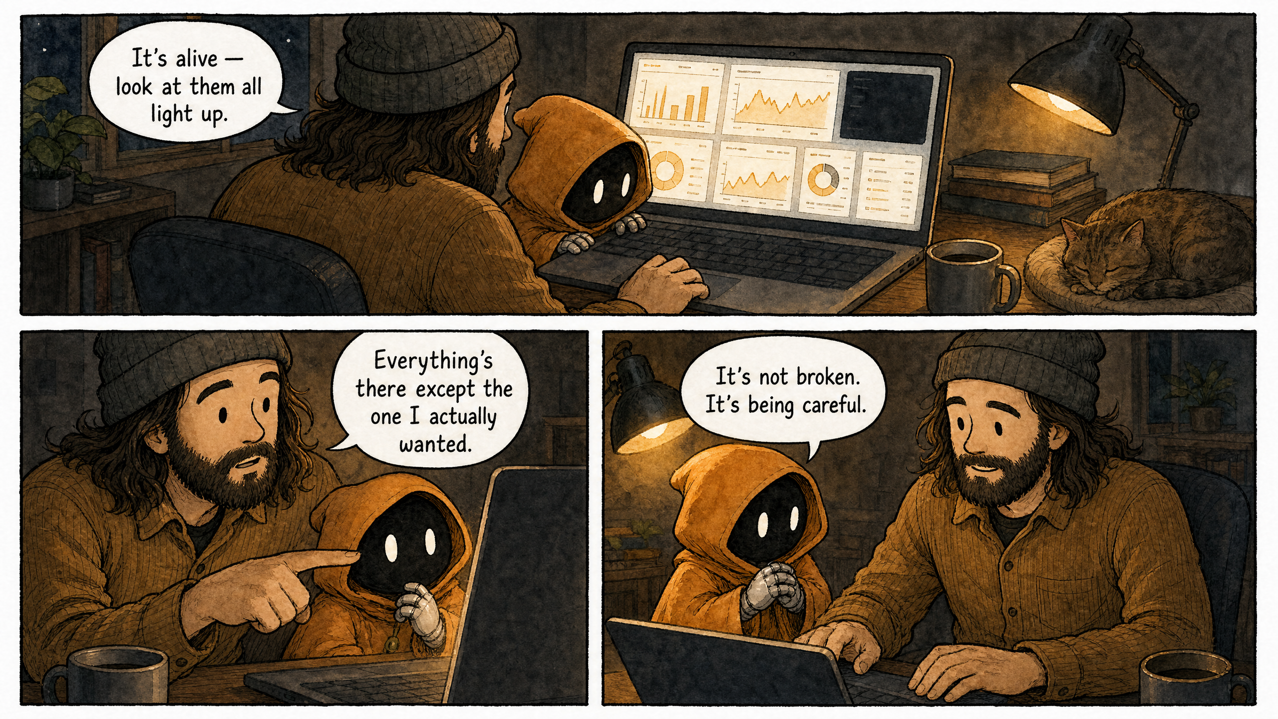 Watercolor and ink comic, three panels with varied composition and camera framings. Marcus and the small hooded companion from the reference images at a small home office late at night, the laptop the brightest thing in the room. Lived-in but uncluttered backgrounds — warm props (a desk lamp, a mug, a sleeping cat, a couple of books) welcome, but no text, signs, labels, posters, or readable writing anywhere outside speech bubbles. Panel 1 (wide over-the-shoulder opener, camera behind the pair): Marcus at the laptop, the hooded companion leaning in over his shoulder; the screen faces the two of them, and past their shoulders the viewer glimpses a glowing dashboard of little charts — most of them lit, one corner dark. Marcus says: "It's alive — look at them all light up." Panel 2 (medium close-up): Marcus pointing at the one dark corner, eyebrows up. Marcus says: "Everything's there except the one I actually wanted." Panel 3 (two-shot closer, warm lamp light, end of the night): the hooded companion with a dawning, slightly sheepish look; Marcus already reaching for the keyboard to refresh. The hooded companion says: "It's not broken. It's being careful." Render each speech bubble with its exact line above — every bubble filled, none left empty. Wry, end-of-day tone, finding the irony funny rather than frustrating.