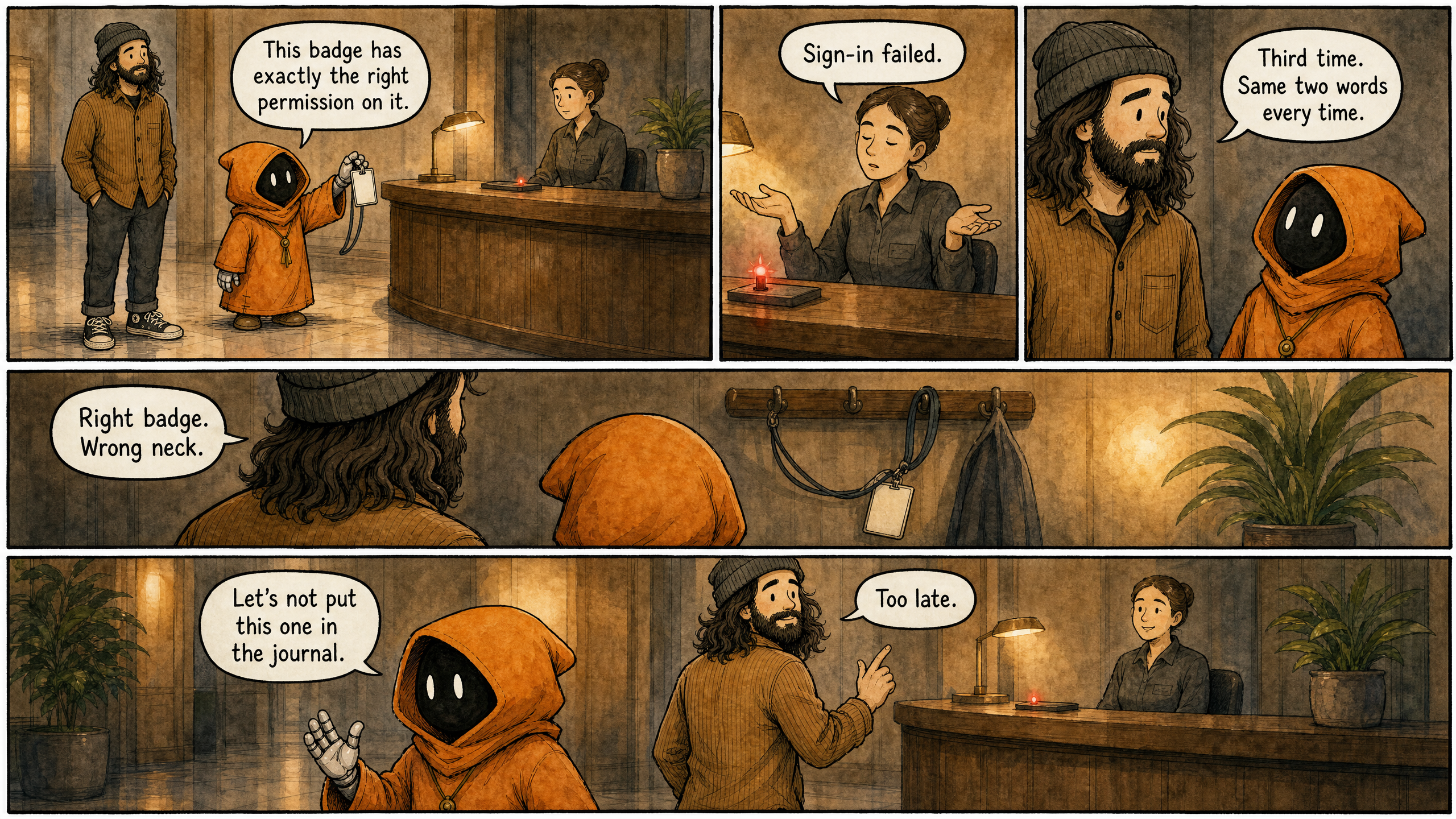Watercolor and ink comic. Five panels with varied composition AND camera framings — wide opener, medium close-up, tight two-shot, over-the-shoulder, wide closer. Vary panel sizes — 1 and 5 wider than 2, 3, 4. The two characters from the reference images — the bearded man in the beanie and the small orange-hooded companion — at an indoor reception desk with a calm attendant behind it (a plain clerk, not from the reference images; exactly three figures in the scene). Warm lamp light, a potted plant; no text, signs, labels, posters, or readable writing anywhere outside the speech bubbles. The ID badge is a plain blank card — no writing on it. Panel 1 (wide opener): the small orange-hooded companion steps up to the desk holding a plain blank ID badge up proudly, Marcus beside him. The hooded companion says: "This badge has exactly the right permission on it." Panel 2 (medium close-up on the desk): a small red light blinks; the attendant gives a flat shrug. The attendant says: "Sign-in failed." Panel 3 (tight two-shot): Marcus and the hooded companion look at each other. Marcus says: "Third time. Same two words every time." Panel 4 (over-the-shoulder, following the badge's lanyard): the lanyard loops two feet away to a coat rack, hooked there instead of around the hooded companion's neck — both staring at it. Marcus says: "Right badge. Wrong neck." Panel 5 (wide closer): both turning away from the desk, lamp light warm behind them. The hooded companion says: "Let's not put this one in the journal." Marcus, already turning back toward the desk, says: "Too late." Render each speech bubble with its exact line above — every bubble filled, none left empty. Wry, self-aware tone — finding the lost afternoon funny rather than embarrassing.