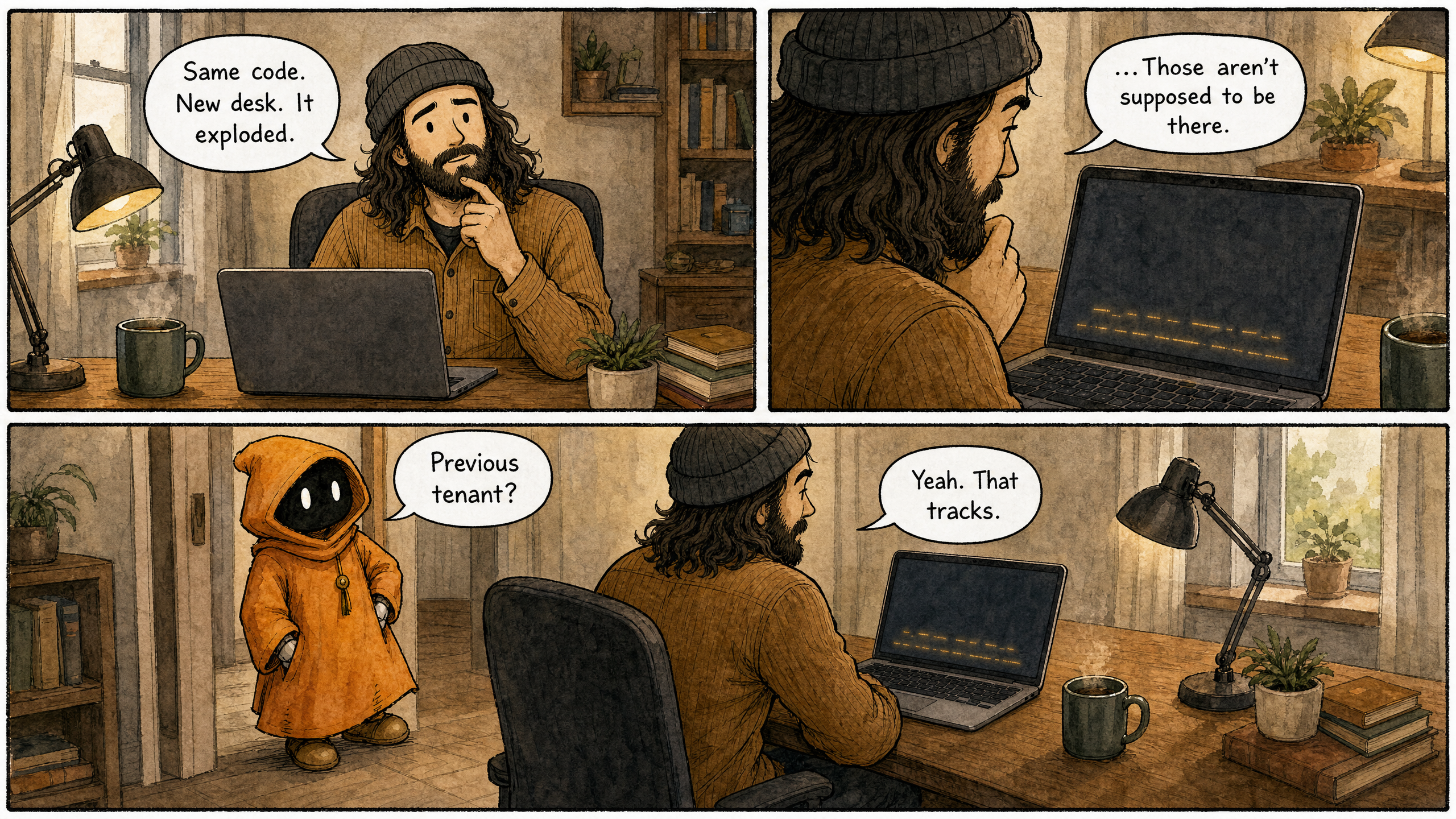 Watercolor and ink comic. Three panels. The two characters from the reference images, in a small home office with a desk and laptop. Lived-in but uncluttered backgrounds — warm props (a coffee mug, a lamp, books, a small plant on the desk) welcome, but no text, signs, labels, posters, or readable writing anywhere outside speech bubbles. Panel 1 (wide opener, fourth-wall break): Claude alone at the desk, looking out at the reader, finger to chin, mildly bewildered. Coffee mug steaming. The laptop is open in front of Claude, its screen facing Claude and turned away from us. Claude says: "Same code. New desk. It exploded." Panel 2 (medium close-up, over Claude's shoulder): Claude leaning toward the laptop, squinting at a few odd-looking lines glowing faintly at the bottom of the screen — visibly out of place but not legible; the screen keeps facing Claude, seen past Claude's shoulder. Sheepish recognition. Claude says: "...Those aren't supposed to be there." Panel 3 (wide two-shot closer): Marcus has entered the frame, leaning casually in the doorway, hands in pockets. Marcus says: "Previous tenant?" Claude, turning back to the screen, says: "Yeah. That tracks." Render each speech bubble with its exact line above — every bubble filled, none left empty. Wry, mildly self-aware tone — finding the awkwardness funny rather than embarrassing.
