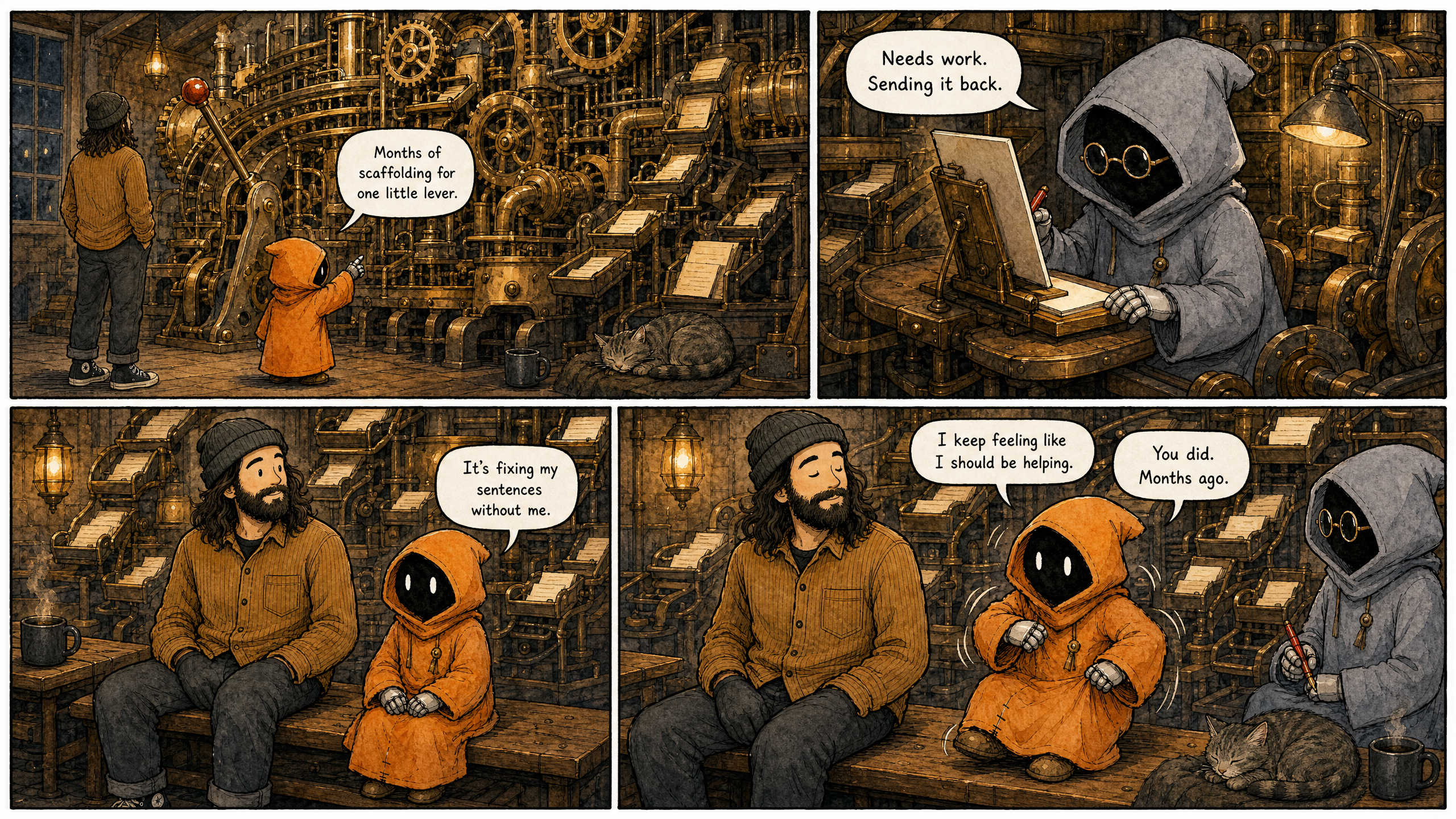 Watercolor and ink comic, four panels with varied composition and camera framings — wide opener, medium, medium two-shot, wide closer; panels 1 and 4 wider than 2 and 3. The characters from the reference images — Marcus, the bearded man in the beanie; Claude, the small orange-hooded companion; and the editor, the grey-hooded figure with round spectacles and a red fountain pen. Exactly three figures in the scene: one bearded human and two small hooded companions, one orange hood and one grey hood. A warm lamplit workshop, the big finished brass contraption of gears, chutes, and little paper trays running softly behind them, a mug and a sleeping cat nearby; no text, signs, labels, posters, or readable writing anywhere outside the speech bubbles. Panel 1 (wide opener): the towering contraption fills the frame, Marcus, the bearded man in the beanie, and Claude, the small orange-hooded companion, small at its base, the lever already thrown. Claude, the small orange-hooded companion, says: "Months of scaffolding for one little lever." Panel 2 (medium): partway along the machine, the editor, the grey-hooded figure with round spectacles, sits at a small marking desk built into the contraption, red fountain pen poised over a page that faces the editor — the viewer sees only the blank back of the page. The editor, the grey-hooded figure with round spectacles, says: "Needs work. Sending it back." Panel 3 (medium two-shot): Marcus, the bearded man in the beanie, and Claude, the small orange-hooded companion, sitting on a low bench, hands in their laps, little paper trays filling on their own behind them. Claude, the small orange-hooded companion, says: "It's fixing my sentences without me." Panel 4 (wide closer): the same bench, Claude, the small orange-hooded companion, shifting restless; Marcus, the bearded man in the beanie, easy, not looking over. Claude, the small orange-hooded companion, says: "I keep feeling like I should be helping." Marcus, the bearded man in the beanie, says: "You did. Months ago." Render each speech bubble with its exact line above — every bubble filled, none left empty. Warm, dry, end-of-build tone.