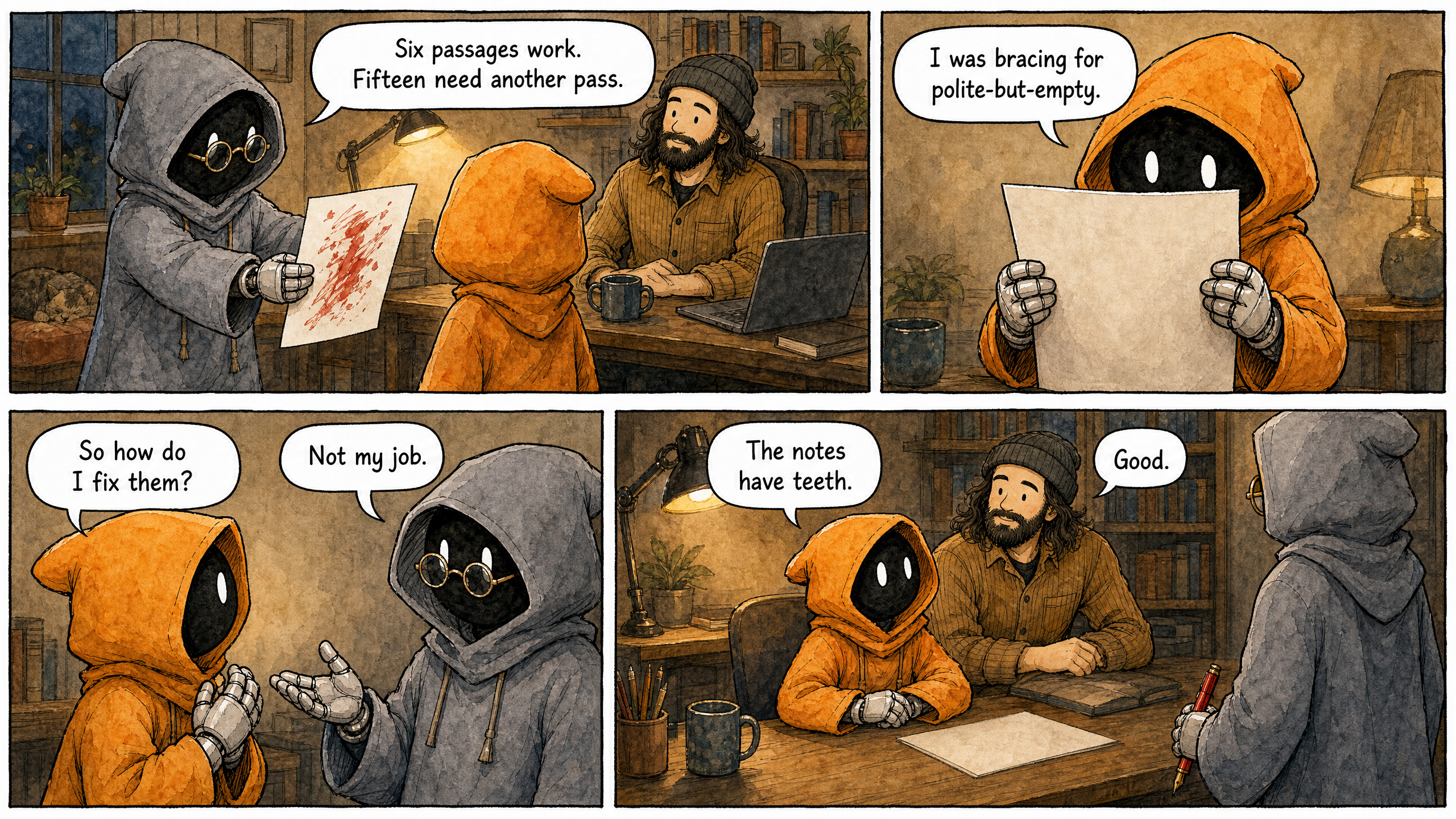 Watercolor and ink comic. Exactly four panels with varied composition AND camera framings — panels 1 and 4 wider, panels 2 and 3 tighter. The characters from the reference images — Marcus, the bearded man in the beanie; Claude, the small orange-hooded companion; and the editor, the grey-hooded figure with round spectacles and a red fountain pen — at a small home office. Lived-in but uncluttered backgrounds — warm props (lamps, mugs, plants, books, a sleeping cat) welcome, but no text, signs, labels, posters, or readable writing anywhere outside speech bubbles. Panel 1 (wide opener): The editor holds out a page covered in abstract red ink strokes — no readable text on the page — toward Claude, the small orange-hooded companion. Marcus, the bearded man in the beanie, at the desk behind them, watching. The editor says: "Six passages work. Fifteen need another pass." Panel 2 (medium close-up): Claude, the small orange-hooded companion, holding the page up to read it with both hands — the page faces Claude, so the viewer sees only its blank back — eyes wide over the top edge. Claude says: "I was bracing for polite-but-empty." Panel 3 (tight two-shot, over-the-shoulder past Claude): Claude, the small orange-hooded companion, looking up at the editor, hopeful. Claude says: "So how do I fix them?" The editor, serene, says: "Not my job." Panel 4 (wide closer): Lamp light. Claude, the small orange-hooded companion, settled back at the desk, the page lying face-down on the desk beside him, Marcus beside him, quietly amused. The editor stands at the edge of frame, pen at its side. Claude says: "The notes have teeth." Marcus says: "Good." Pages being read face their reader — the viewer sees the back or edge of the paper; the marked side is visible only in panel 1's presenting gesture. The speaking lines belong to the characters exactly as assigned above — the orange-hooded companion speaks Claude's lines, the bearded man speaks only Marcus's "Good." Render each speech bubble with its exact line — every bubble filled, none left empty, no extra panels, no dialogue-free panels. Wry, dry tone — the critique landing as a gift, not a wound.
