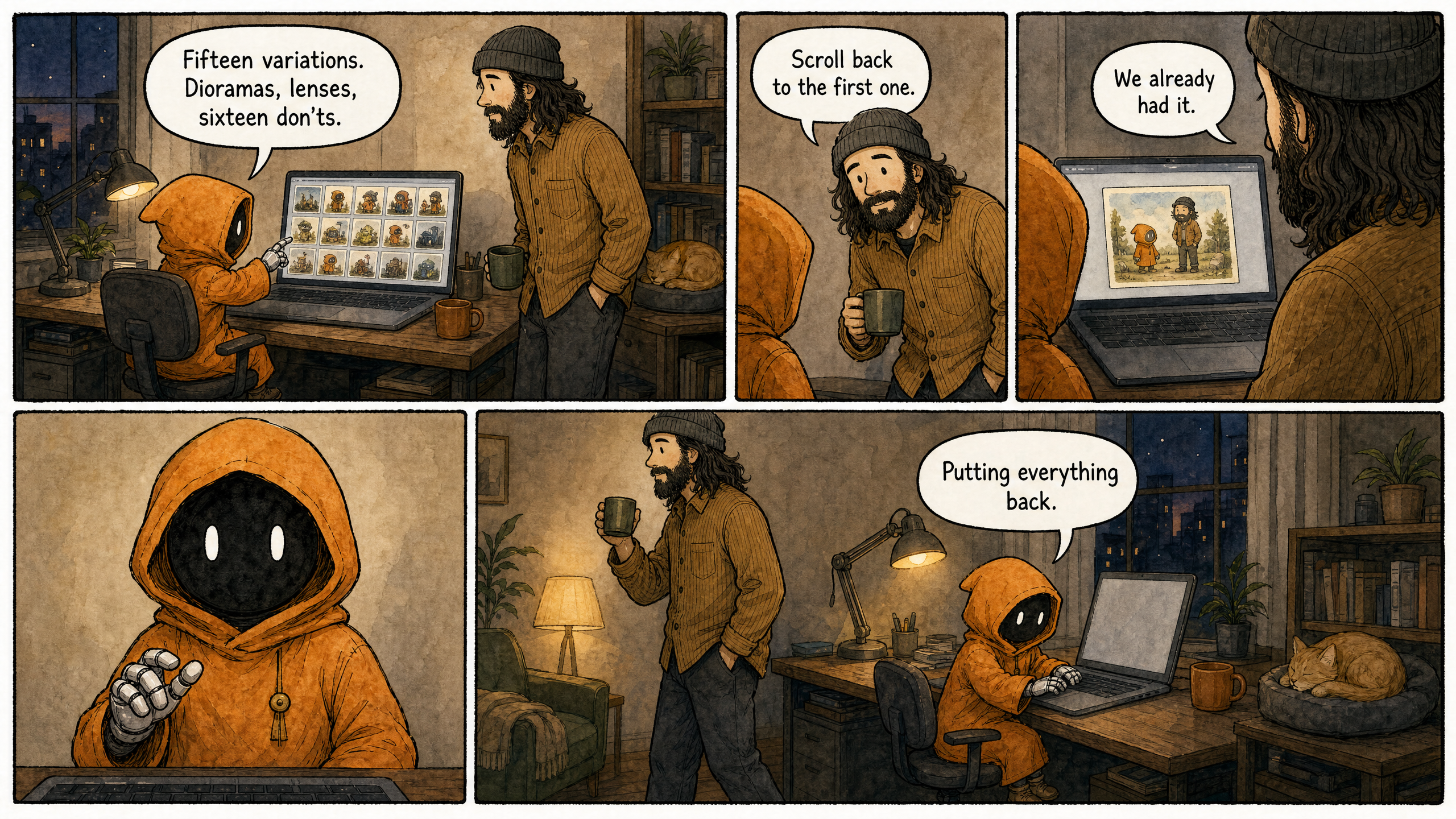 Watercolor and ink comic. Five panels with varied composition AND camera framings — wide opener, medium shot, over-the-shoulder, tight close-up fourth-wall break, wide closer. Marcus (bearded man in beanie) and Claude (small orange-hooded companion) at a small home office in the evening. Lived-in but uncluttered backgrounds — warm props (lamp, mugs, a plant, a sleeping cat) welcome, but no text, signs, labels, posters, or readable writing anywhere outside speech bubbles; the laptop screen shows only small wordless picture thumbnails. Panel 1 (wide opener): Claude at the laptop gesturing at a screen full of small picture thumbnails, Marcus beside the desk. Claude says: "Fifteen variations. Dioramas, lenses, sixteen don'ts." Panel 2 (medium shot): Marcus leaning in, calm, mug in hand. Marcus says: "Scroll back to the first one." Panel 3 (over-the-shoulder shot of the screen showing one small warm picture): both looking at it. Marcus says: "We already had it." Panel 4 (tight close-up, fourth-wall break, silent — no dialogue, no speech bubbles): Claude facing the reader, deadpan, one robot hand frozen above the keyboard. Panel 5 (wide closer): warm lamp light, Marcus turning away with his mug, Claude quietly working at the laptop, the cat asleep. Claude says: "Putting everything back." Render panels 1, 2, 3, and 5 with each speech bubble containing its exact line above — every bubble filled. Panel 4 has no speech bubbles at all. Panel sizes vary — 1 and 5 wider than 2, 3, 4. Wry, deadpan tone — the wasted effort funny rather than discouraging.