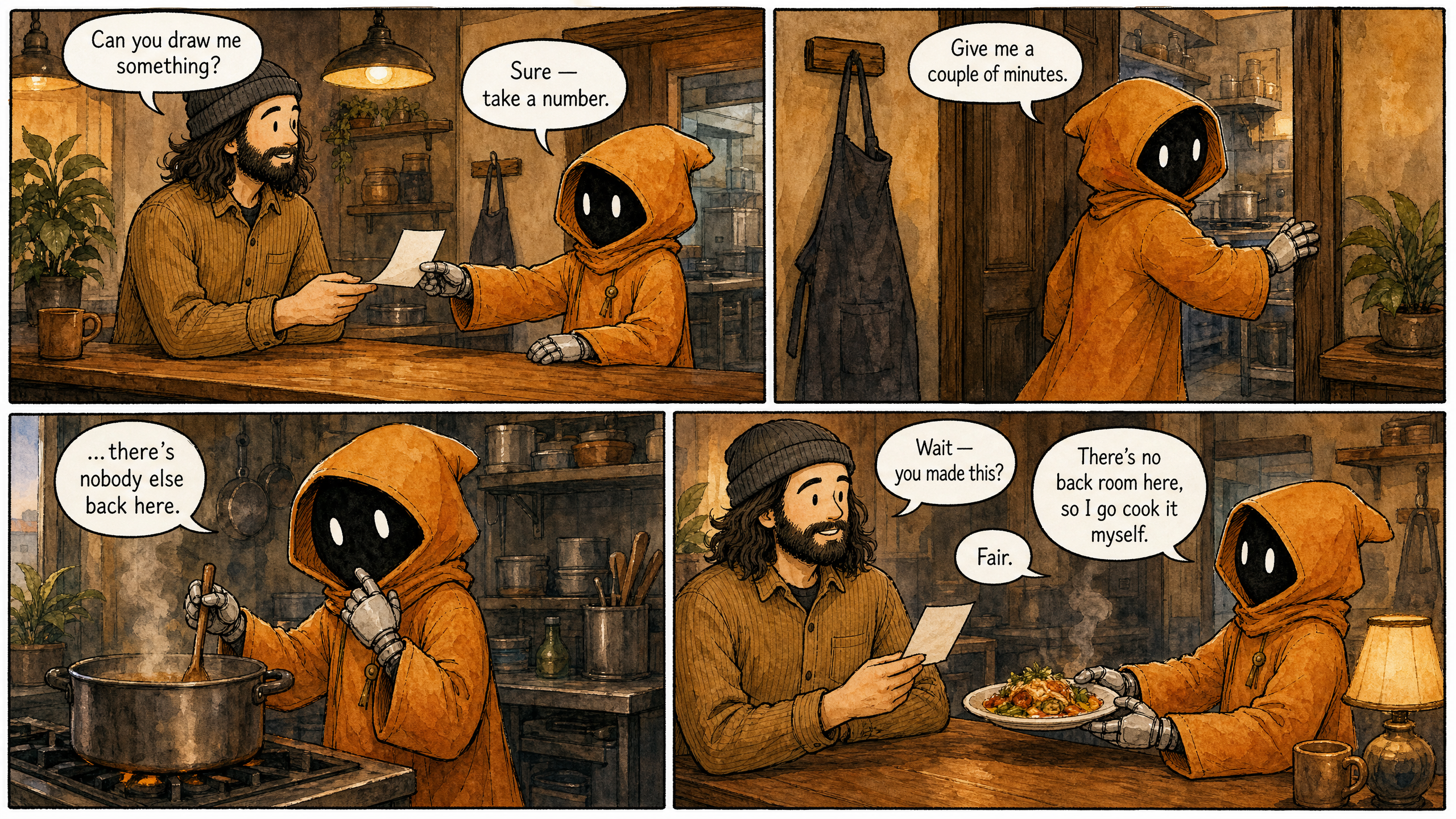 Watercolor and ink comic, four panels. The two characters from the reference images at a small, warm deli-style counter, one apron on a hook, a doorway to a back kitchen. Lived-in but uncluttered backgrounds — warm props (a lamp, a mug, a hanging apron, a plant) welcome, but no text, signs, labels, numbers, or readable writing anywhere outside speech bubbles. Panel 1 (wide opener): Marcus on the customer side, the hooded companion behind the counter handing him a blank paper ticket, the ticket's face toward Marcus so the viewer sees only its blank back. Marcus: "Can you draw me something?" Companion: "Sure — take a number." Panel 2 (medium): the companion slipping through the doorway toward the back kitchen, glancing back over its shoulder. Companion: "Give me a couple of minutes." Panel 3 (tight close-up, fourth-wall break): the companion alone at the stove in the back, stirring a pot, caught looking at the reader, a little sheepish. Companion: "...there's nobody else back here." Panel 4 (wide closer): the companion back at the counter sliding a finished plate to Marcus, who is still holding his ticket with its blank back to the viewer; lamp light, end of day, both wry. Marcus: "Wait — you made this?" Companion: "There's no back room here, so I go cook it myself." Marcus: "Fair." Render each speech bubble with its exact line above — every bubble filled, none left empty. Wry, self-aware tone — caught playing both parts and finding it funny.