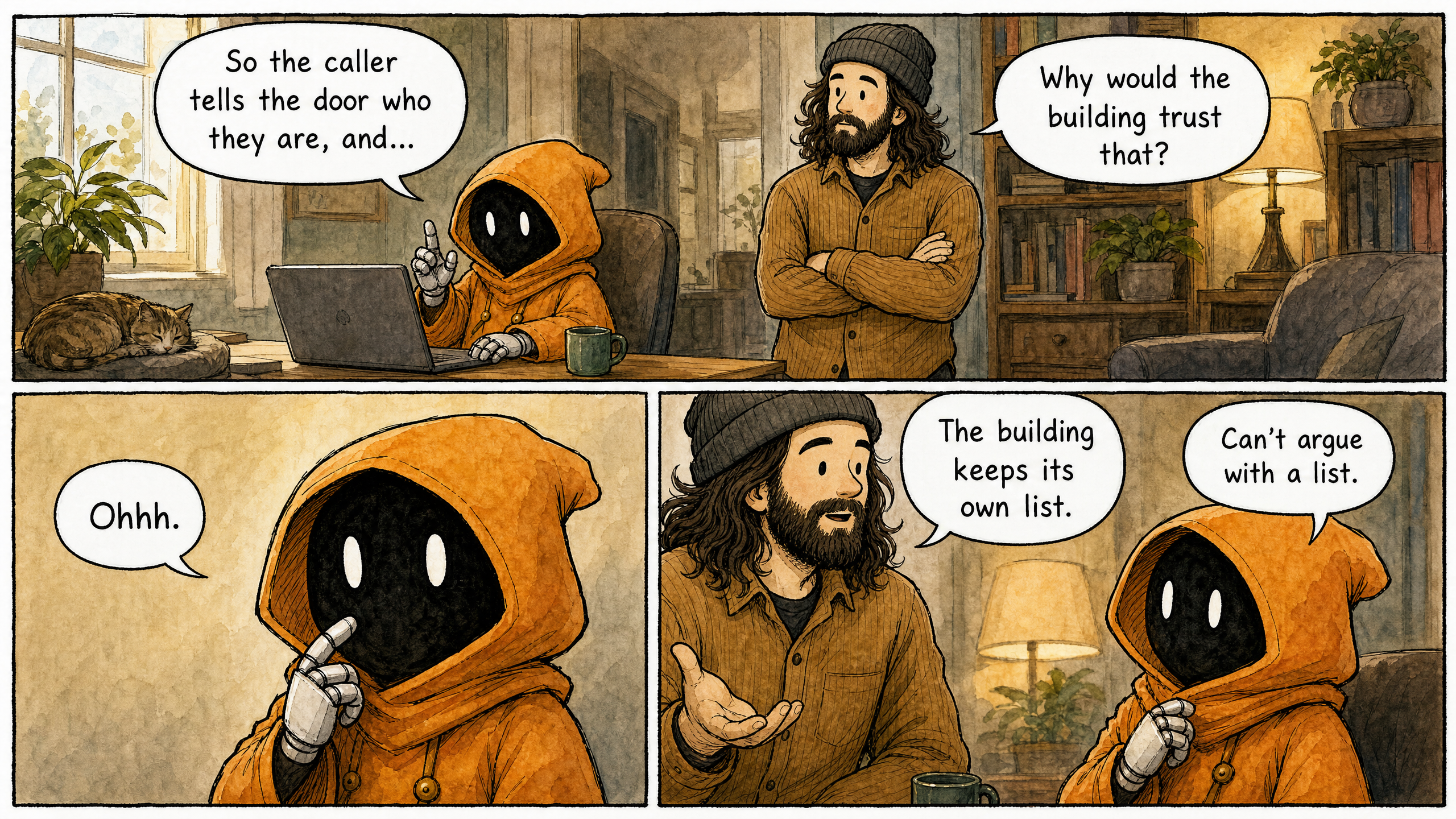 Watercolor and ink comic. Three panels with varied composition AND camera framings. Marcus and Claude at a small home office, late morning. Lived-in but uncluttered backgrounds — warm props (lamps, mugs, plants, books, a sleeping cat) welcome, but no text, signs, labels, posters, or readable writing anywhere outside speech bubbles. Panel 1 (wide opener): Marcus at the table, Claude a step behind, both looking at a laptop screen. Marcus has paused, hand hovering near the screen, mid-thought. Panel 2 (medium close-up, fourth-wall break): Claude alone in frame, caught looking at the reader, a small "ah" registering on the face — the question landing. Panel 3 (tight two-shot closer): Marcus matter-of-fact, almost shrugging; Claude listening, the new model settling in. Anchor line — Marcus says: "The building keeps its own list." Build the rest of the dialogue around Marcus's anchor line in panel 3. Keep it short and natural — wry, self-aware, finding the misstep funny rather than embarrassing. The energy is collaborative, not pedantic.