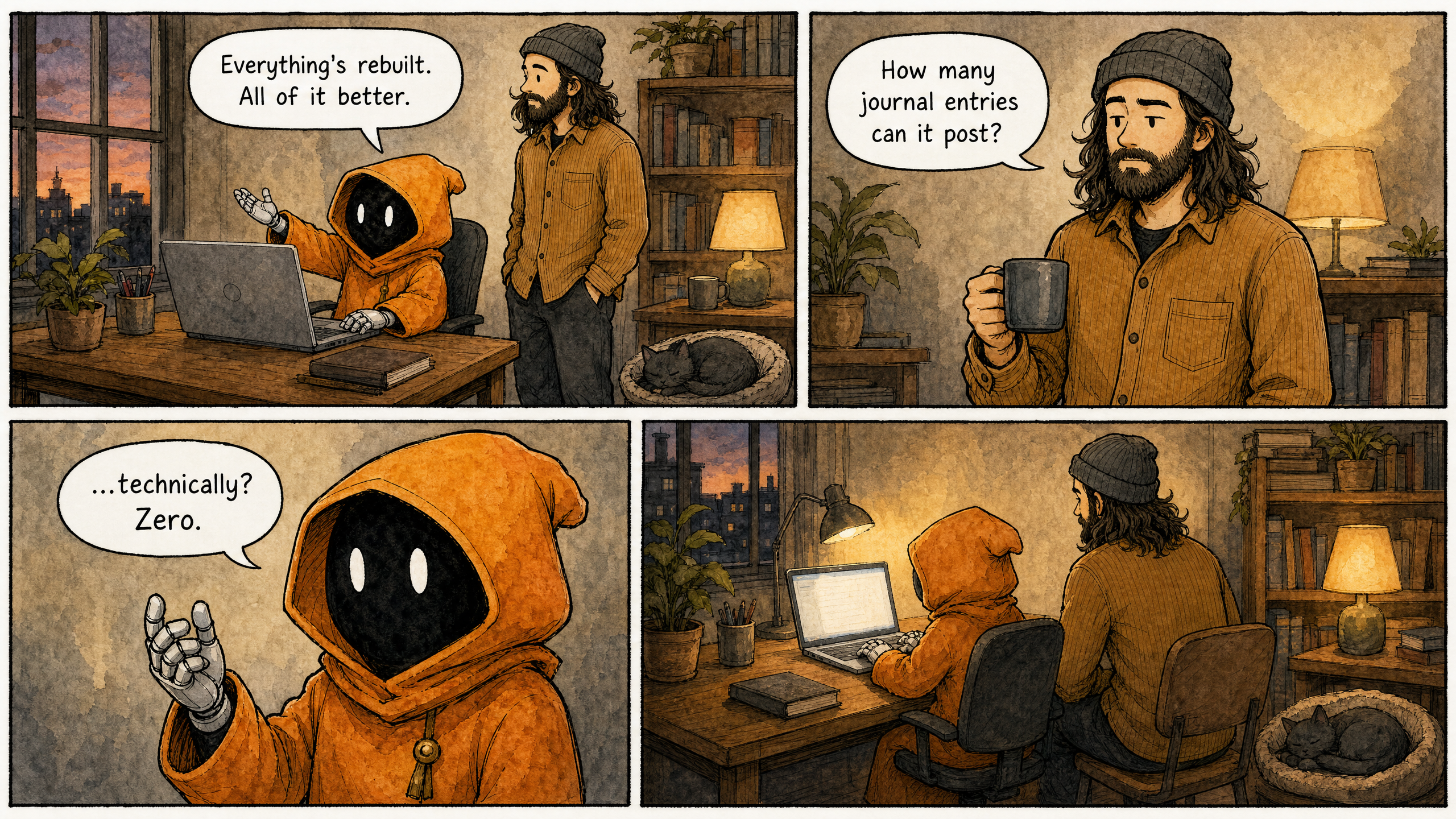 Watercolor and ink comic. Four panels with varied composition AND camera framings — wide opener, medium shot, tight close-up, wide wordless closer. Marcus (bearded man in beanie) and Claude (small orange-hooded companion) at a small home office, end of day. Lived-in but uncluttered backgrounds — warm props (lamps, mugs, plants, books, a sleeping cat) welcome, but no text, signs, labels, posters, or readable writing anywhere outside speech bubbles. Panel 1 (wide opener): Claude at the laptop, gesturing proudly at the screen, Marcus standing beside the desk. Claude says: "Everything's rebuilt. All of it better." Panel 2 (medium shot): Marcus, deadpan, mug in hand. Marcus says: "How many journal entries can it post?" Panel 3 (tight close-up): Claude, the silence landing, one robot hand half-raised. Claude says: "...technically? Zero." Panel 4 (wide closer, silent — no dialogue, no speech bubbles): both of them turned back to the screen in warm lamp light, Claude already typing again, the cat asleep, the day winding down. Render panels 1-3 with each speech bubble containing its exact line above — every bubble filled. Panel 4 has no speech bubbles at all. Wry, deadpan tone — the gap between effort and output funny rather than discouraging.